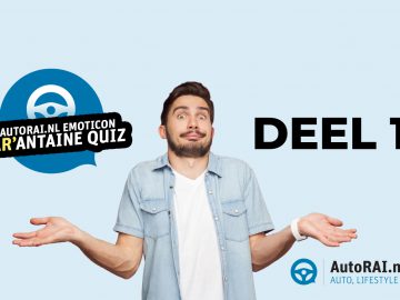 Man haalt zijn schouders op met een verwarde uitdrukking naast de tekst "de Emoticon 'Car'antaine Quiz, deel 1" en het autorai.nl-logo.