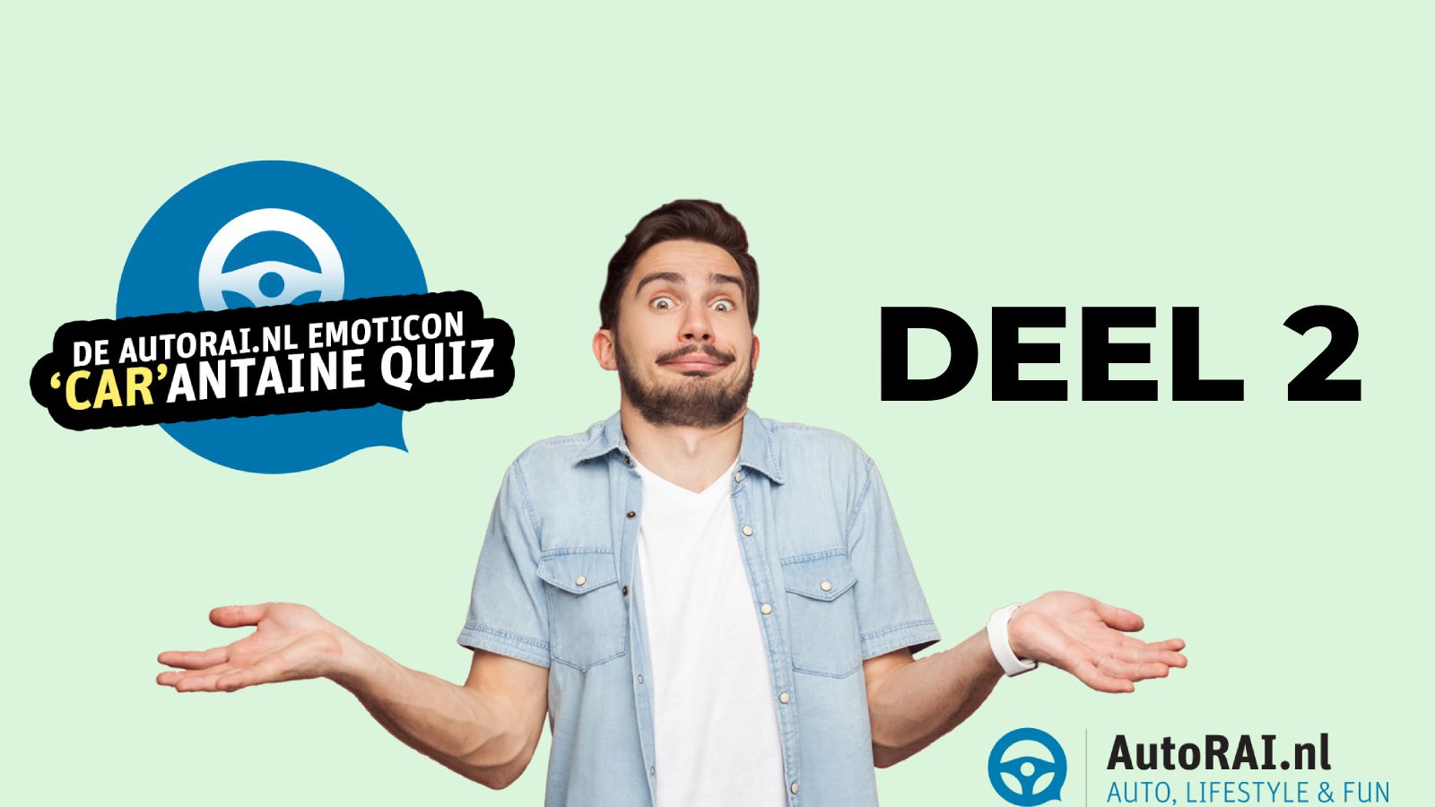 Promotieafbeelding voor "Emoticon 'Car'antaine Quiz deel 2' met een man met een spottende uitdrukking en een schouderophalend gebaar.