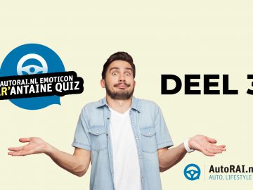 Man met een verbaasde uitdrukking die tussen afbeeldingen staat die verband houden met de "Emoticon 'Car'antaine Quiz deel 3.