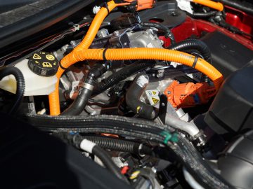 Close-up van de motorruimte van een Ford Kuga, met de nadruk op de hoogspanningskabels en componenten.