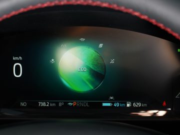 Digitaal dashboard van een Ford Kuga met snelheidsmeter bij 0 km/u, batterijbereik en indicator voor de eco-rijmodus.