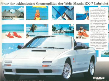 Een advertentie met een Mazda RX-7 cabriolet in een tropische resortomgeving, met scènes van vrije tijd en vakantie.