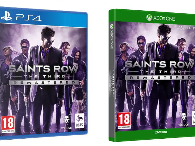 Saints Row The Third Remastered-videogame voor PS4 en Xbox One, weergegeven in hun respectievelijke hoesjes.