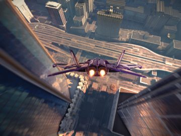 Luchtfoto van een futuristisch vliegtuig uit Saints Row The Third Remastered, vliegend tussen hoge gebouwen in een stedelijke omgeving.