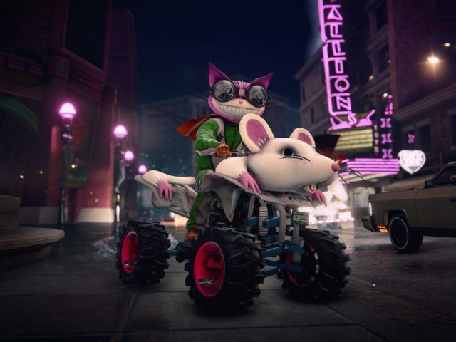 Twee geanimeerde muizenpersonages rijden 's nachts op een quad door een stadsstraat in Saints Row The Third Remastered.
