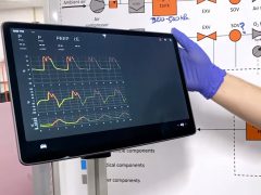 Een persoon die een paarse handschoen draagt en naar een door Tesla gemaakte medische monitor wijst die ademhalingsgolfvormen weergeeft.