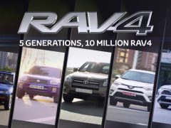 Een visuele tijdlijn die de evolutie van de Toyota RAV4 over vijf generaties weergeeft, ter ere van de verkoop van 10 miljoen exemplaren.