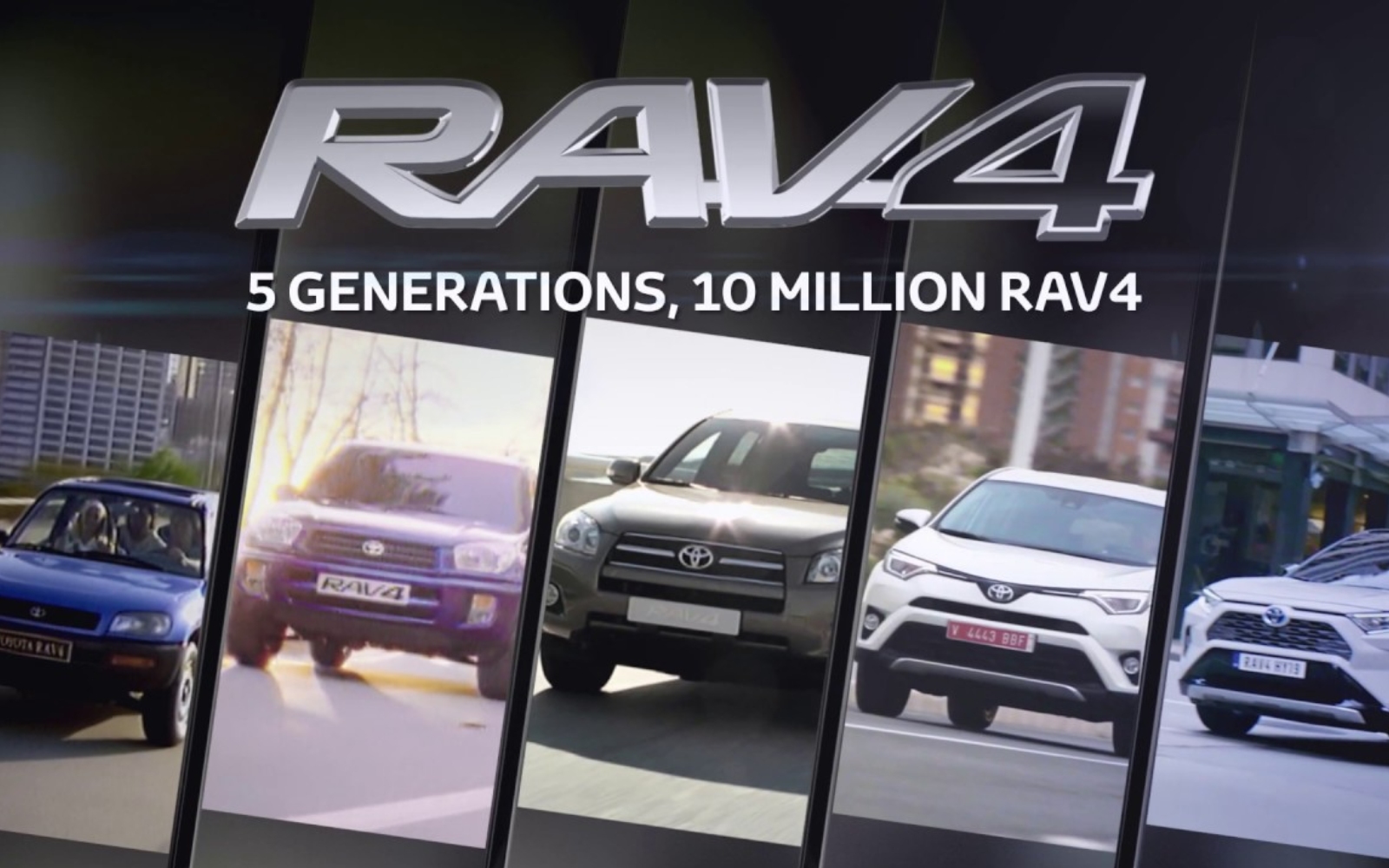 Een visuele tijdlijn die de evolutie van de Toyota RAV4 over vijf generaties weergeeft, ter ere van de verkoop van 10 miljoen exemplaren.