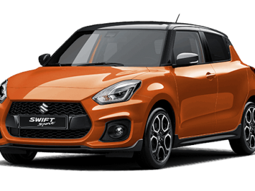 Oranje Suzuki Swift Sportwagen tegen een witte achtergrond.