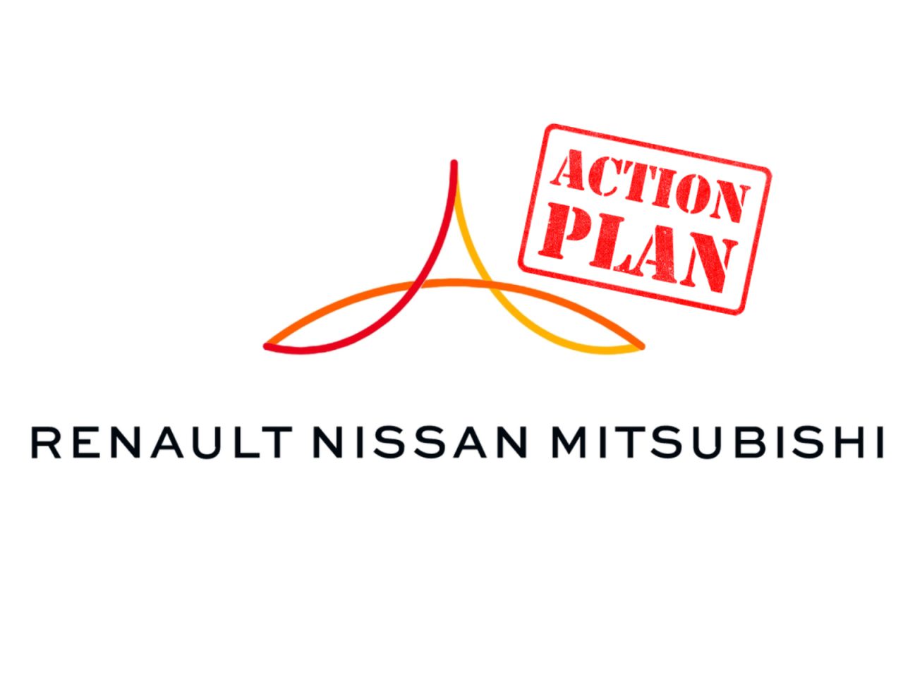 Logo van de Renault-Nissan-Mitsubishi Alliantie met een "actieplan" stempeloverlay.
