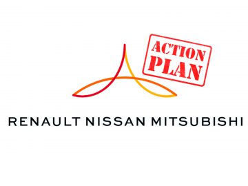 Logo van de Renault-Nissan-Mitsubishi Alliantie met een "actieplan" stempeloverlay.