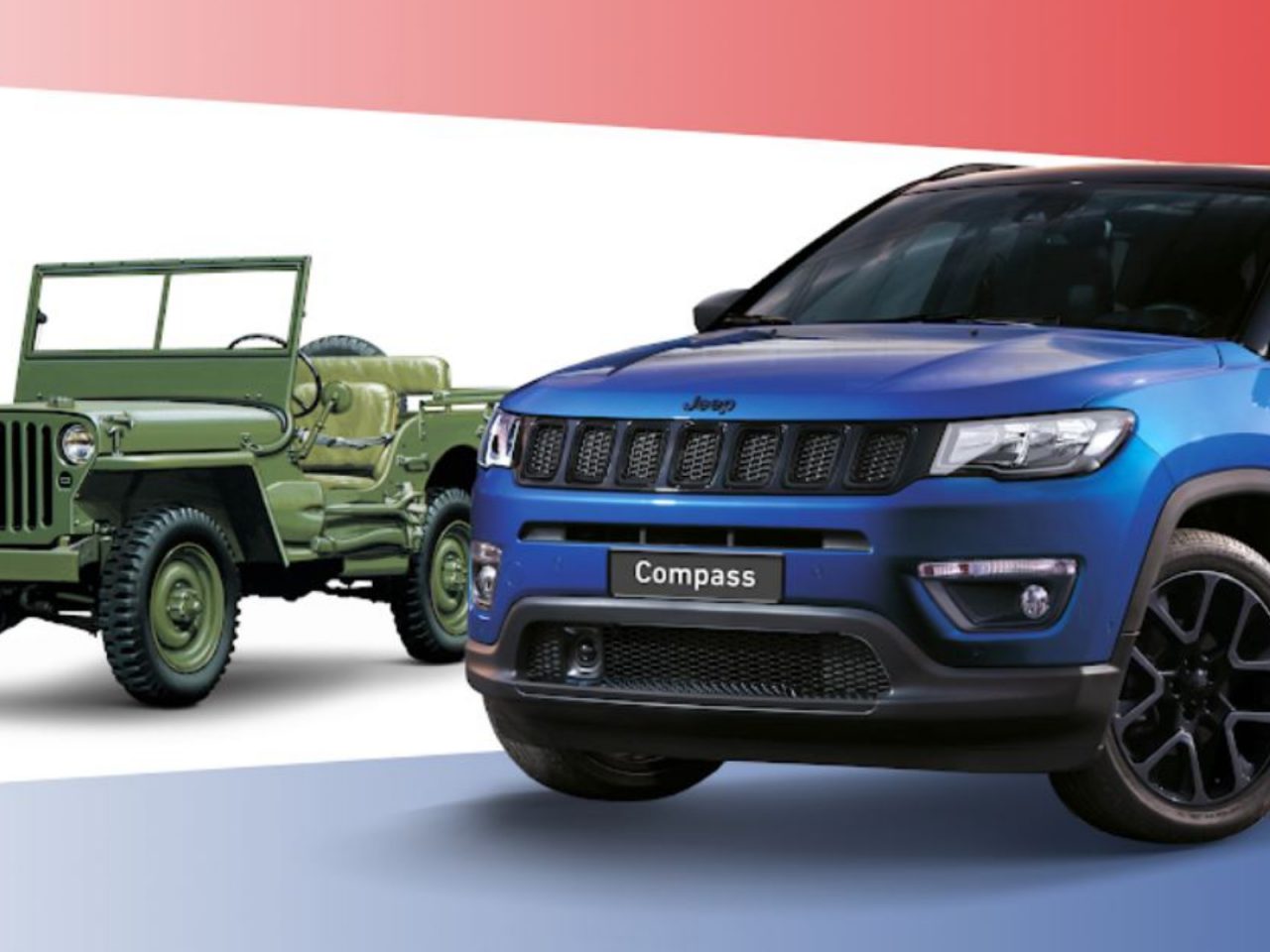 Twee Jeep Compass-voertuigen, een vintage militair model en een moderne Jeep Compass, tegen een gespleten rood-witte achtergrond.