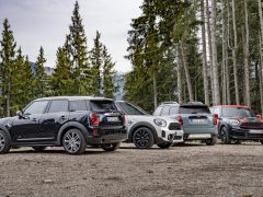 Een rij MINI Countryman-voertuigen geparkeerd op een grindterrein met op de achtergrond hoge dennenbomen.