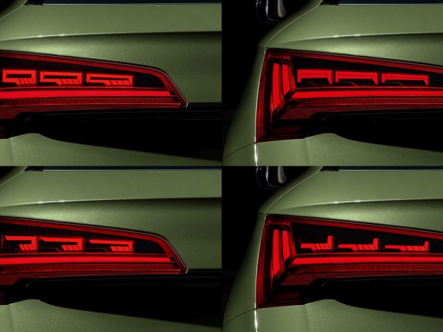 Vier identieke afbeeldingen van het moderne LED-achterlicht van een Audi Q5 op een groen carrosseriepaneel.