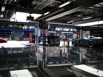 Een drukke garage van een raceteam waar monteurs aan krachtige auto's werken, die doen denken aan een scène uit Gran Turismo 7 voor PlayStation 5.