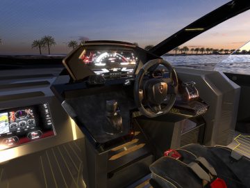 Luxe Tecnomar voor Lamborghini 63 bootcockpit in de schemering met geavanceerde navigatiedisplays en stuurbedieningen.