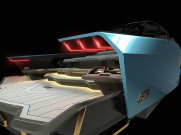 Een futuristisch Tecnomar for Lamborghini 63 ruimteschip met blauwe en gouden lambrisering en rood verlichte details tegen een donkere achtergrond.