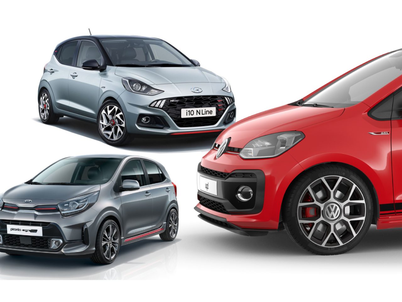 Drie compacte auto's, waaronder een Kia Picanto, van verschillende fabrikanten gepresenteerd op een witte achtergrond.