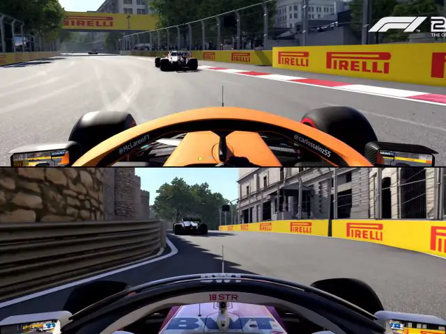 Screenshot van de videogamerecensie van F1 2020 met een first-person-perspectief vanuit twee verschillende raceauto's op een stedelijk circuit met Pirelli-spandoeken.