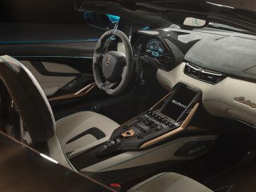 Binnenaanzicht van een Lamborghini Sián Roadster met het stuur, het dashboard en de futuristische middenconsole.