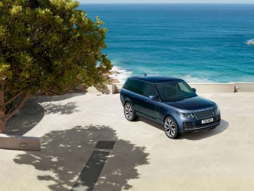 Blue Range Rover geparkeerd op een kustuitkijkpunt in de buurt van een grote boom met de oceaan en kliffen op de achtergrond.