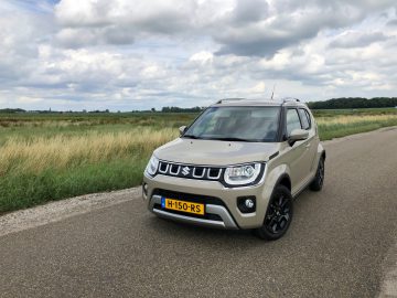Een beige Suzuki Ignis Smart Hybrid geparkeerd op een plattelandsweg naast een veld onder een bewolkte hemel.