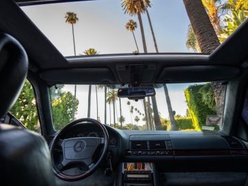 Uitzicht vanuit een Mercedes die uitkijkt op een straat vol hoge palmbomen onder een heldere hemel.