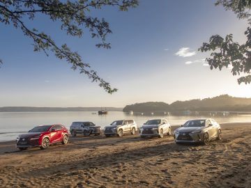 Vijf Lexus-auto's geparkeerd op een zandstrand bij zonsondergang, met uitzicht op een kalm meer met een boot in de verte onder een heldere hemel.