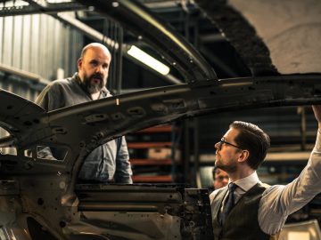 Twee mannen, de een in pak en de ander in werkkleding, inspecteren een Rolls-Royce Silver Spectre Shooting Brake-carrosserie in een autofabriek.