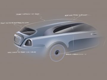 Conceptuele ontwerpschets van een futuristische Rolls-Royce Silver Spectre Shooting Brake met geannoteerde ontwerpkenmerken, die de styling en aerodynamica van de achterkant benadrukken.