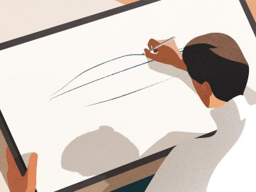 Een persoon die met een stylus bogen tekent op een grote digitale tablet, die lijkt op de vloeiende rondingen van een Rolls-Royce Ghost.