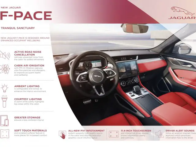 Binnenaanzicht van de Jaguar F-Pace, met de nadruk op het rood-zwarte dashboard, het stuur en de lederen stoelen met informatieve graphics.