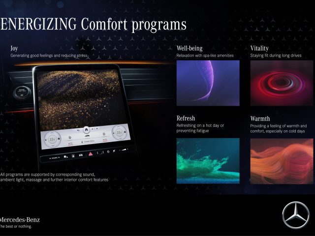 Promotieafbeelding met de "energetische comfortprogramma's" van Mercedes-Benz S-Klasse met beelden van vreugde, welzijnsvoorzieningen, vitaliteit en warmte, naast de bijbehorende beschrijvende tekst.