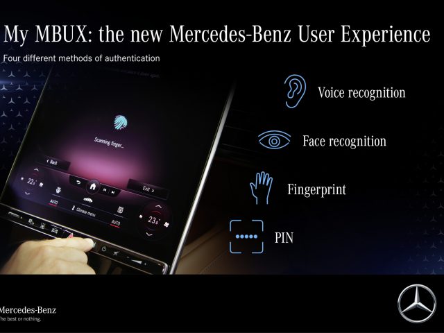 Promotieafbeelding voor Mercedes-Benz S-Klasse met het dashboard van het mbux-systeem met vingerafdrukauthenticatie met pictogrammen voor stem-, gezichtsherkenning en pin-opties.
