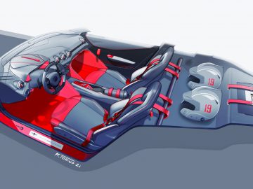 Een digitale illustratie van een futuristische rode en zilveren Touring AERO 3-raceauto met open dak, met zichtbare onderdelen en nummer 19 op de zijpanelen.