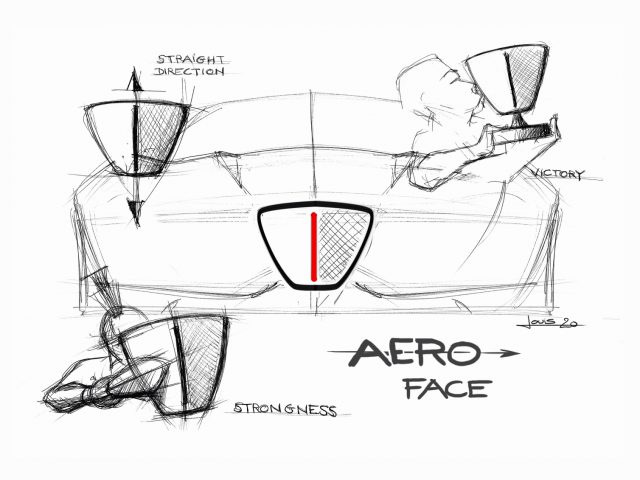 Schets van een conceptueel auto-ontwerp met de titel 'Touring AERO 3', met aerodynamische elementen en annotaties als 'rechte richting' en 'sterkte'.