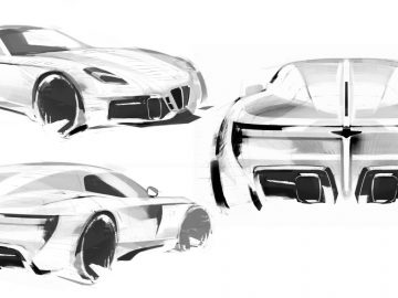 Conceptuele schetsen van een Touring AERO 3-sportwagen met voor-, achter- en zijaanzichten in penseelstreekstijl in grijstinten.