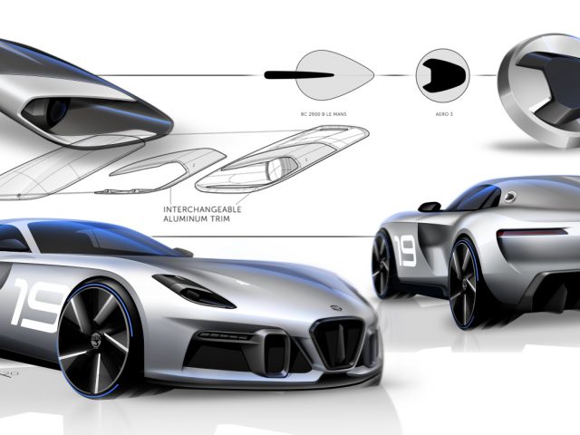 Conceptuele ontwerpschetsen en weergaven van de futuristische Touring AERO 3-sportwagen met verwisselbare aluminium sierdelen, weergegeven vanuit verschillende hoeken.