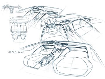 Conceptuele schetsen van het interieur van een toerwagen met details op het dashboard, de ventilatieopeningen en de componenten van de middenconsole, ondertekend door M. Torino.