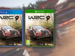 WRC 9-videogamecovers voor PS4 en Xbox One, met rallyauto's die racen op een modderige baan, met prominente game- en consolelogo's.