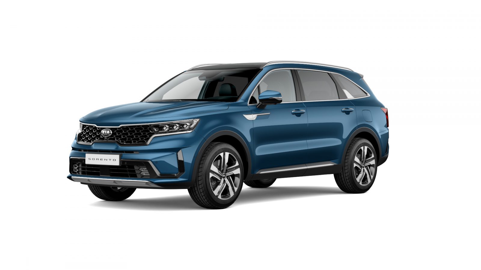 Een blauwe Kia Sorento Hybrid SUV geparkeerd tegen een witte achtergrond, waarbij het moderne design en de lichtmetalen velgen goed tot hun recht komen.