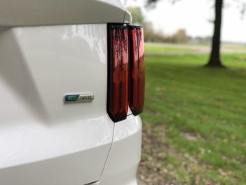 Close-up van de achterkant van een witte auto met een 'Kia Sorento Hybrid'-badge en rode achterlichten, gericht op details met een onscherpe achtergrond van bomen.