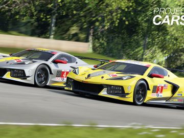 Twee raceauto's van Project Cars 3 speed naast elkaar op een weelderige, groene baan.