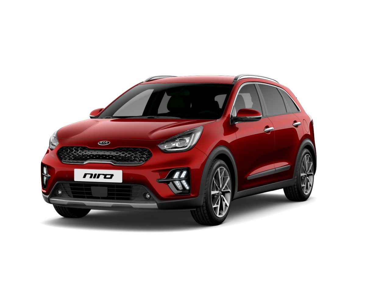 Een rode Kia Niro geparkeerd op een witte achtergrond, waarbij het voor- en zijprofiel goed zichtbaar zijn, wat Autoverkoop September benadrukt.