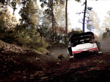 Een Toyota GR Yaris Rally Concept-auto die over een onverharde weg door een bos drijft en bladeren en stof opstuwt onder een zonovergoten bladerdak.