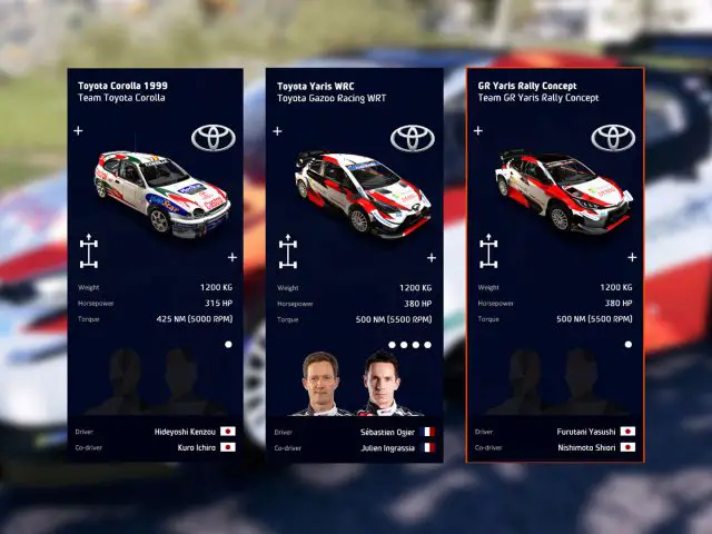 Vergelijkingsdisplay van drie Toyota GR Yaris Rally Concept-auto's met specificaties en bestuurdersinformatie voor elk, tegen een wazige buitenachtergrond.