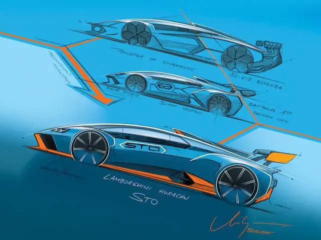 Conceptuele schetsen van een Lamborghini Huracán STO, met ontwerpelementen en annotaties op een blauwe achtergrond.