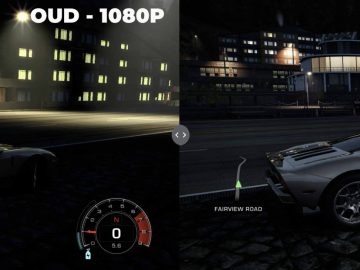 Zij-aan-zij vergelijking van Need for Speed Hot Pursuit Remastered-gamegraphics, gelabeld "OUD - 1080P" en "NIEUW - 4K", met een auto 's nachts buiten een gebouw.