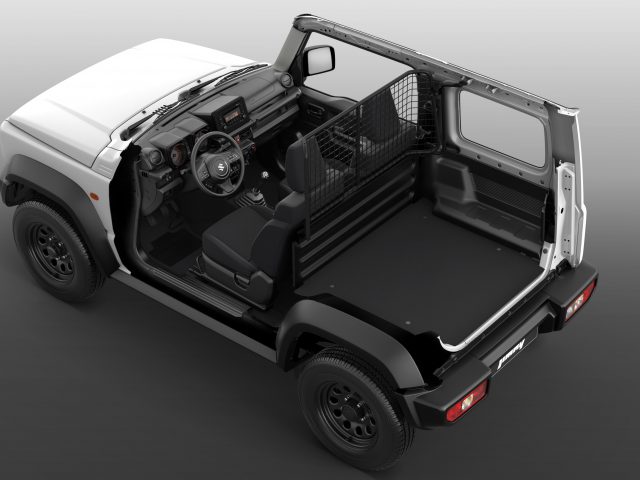 3D-weergave van een compacte tweedeurs Suzuki Jimny Professional SUV met open dak, gedeeltelijke deuren en zichtbare laadruimte, allemaal gepresenteerd in een strak grijs en zwart kleurenschema.