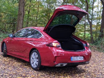 Opel Insignia sedan geparkeerd in een bos, kofferbak open, omgeven door gevallen bladeren.